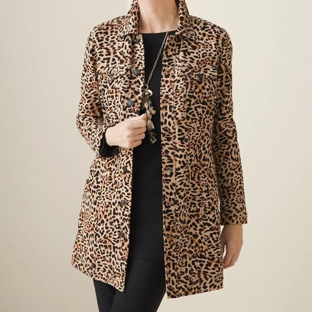 Chico's Leopard Ponte Jacket Women Sz 12/2 Brown Black Animal Print Button Front